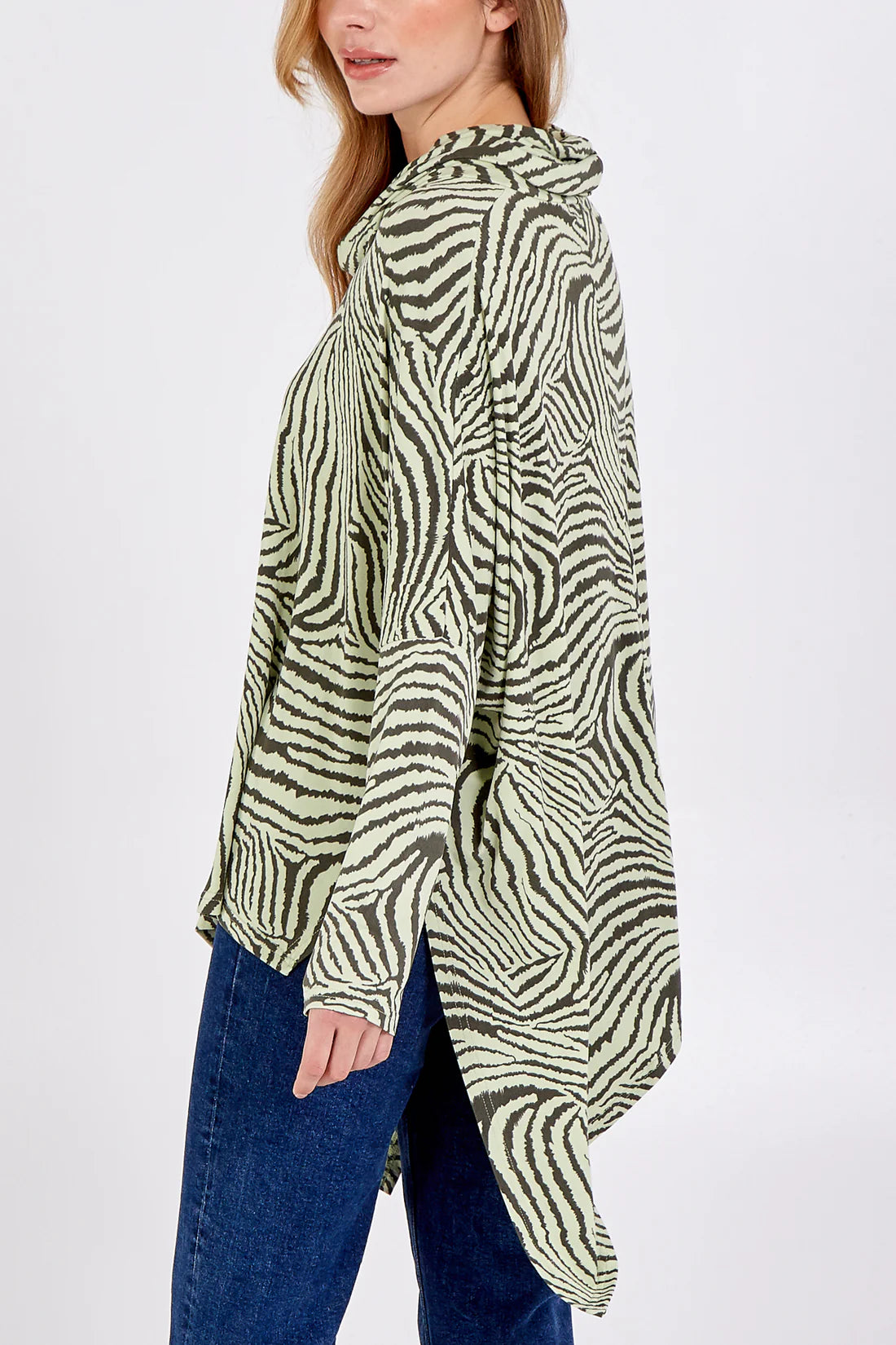 ABSTRACT ZEBRA OVERSIZED COWL NECK TOP-GREEN