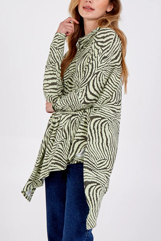 ABSTRACT ZEBRA OVERSIZED COWL NECK TOP-GREEN