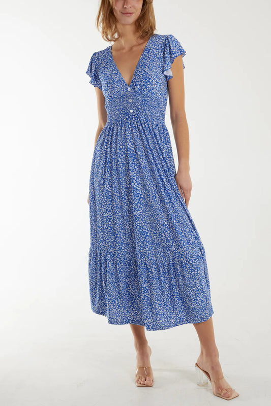 DITSY FLORAL BUTTON FRONT STRETCH MAXI DRESS - BLUE