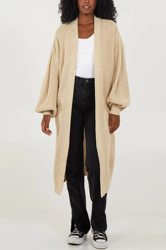 EDGE TO EDGE KNITTED LONG CARDIGAN - BEIGE