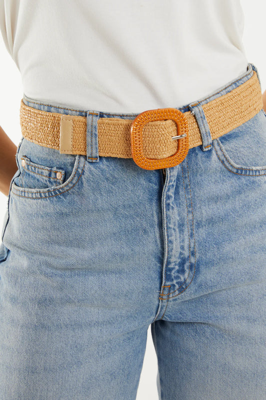 SQUARE BUCKLE STRETCHY WAIST BRAIDED BELT - CAMEL