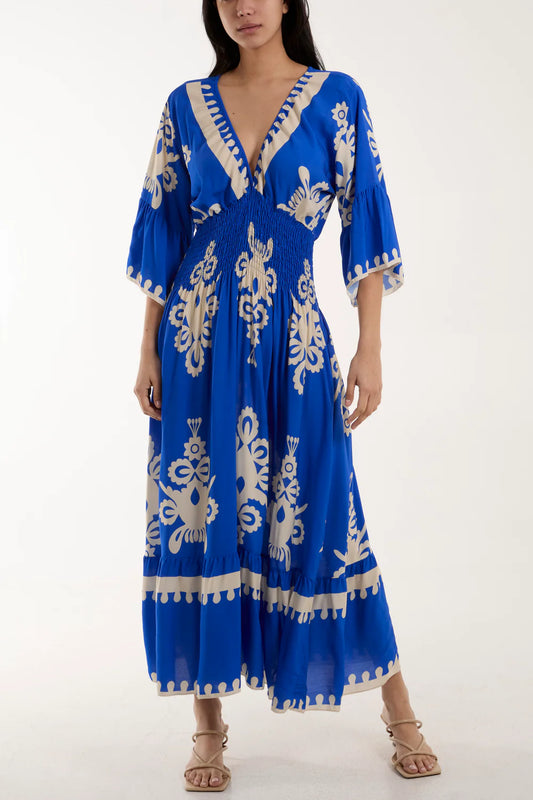 V-NECK PRINTED SHIRRED BODICE MAXI DRESS - ROYAL BLUE